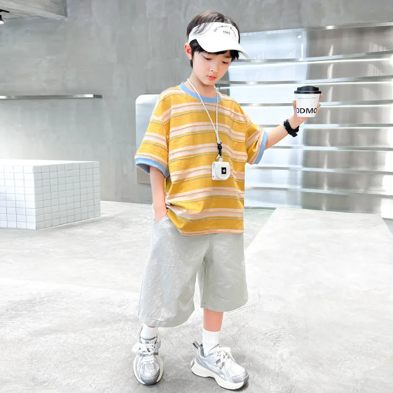 Boys Summer Outfit Set Striped Short Sleeve Sporty Thin Cool Casual Children's Clothing Two-Piece Set for Ages 4-17 - 3