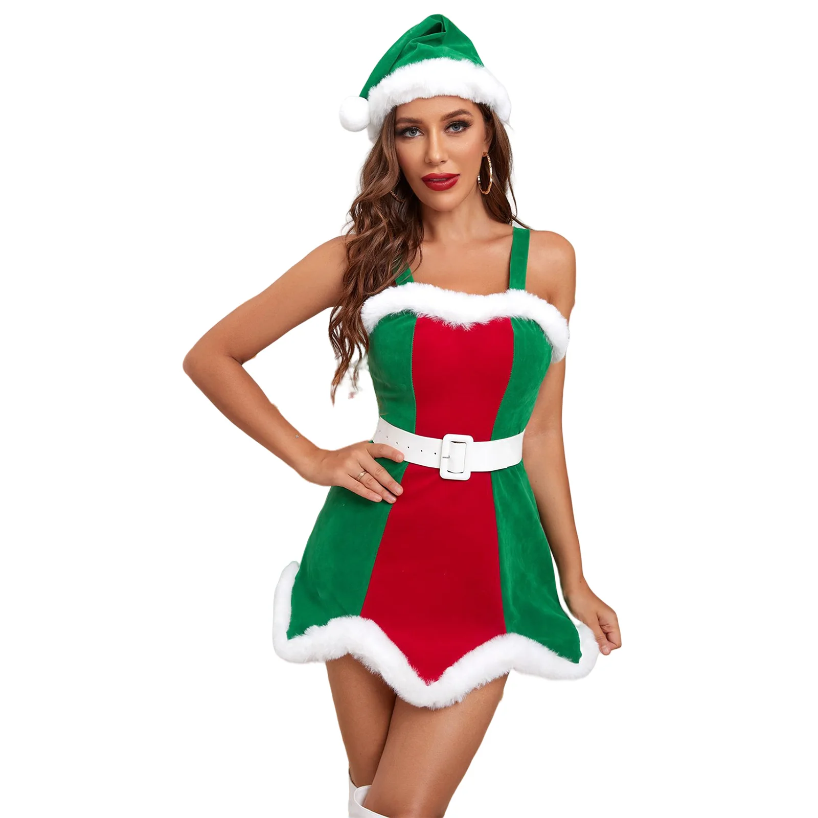 

Sexy Christmas Clothes Santa Claus Cosplay Costume Dress New Year Velvet Mid Suspended Party Halloween Performance with Hat