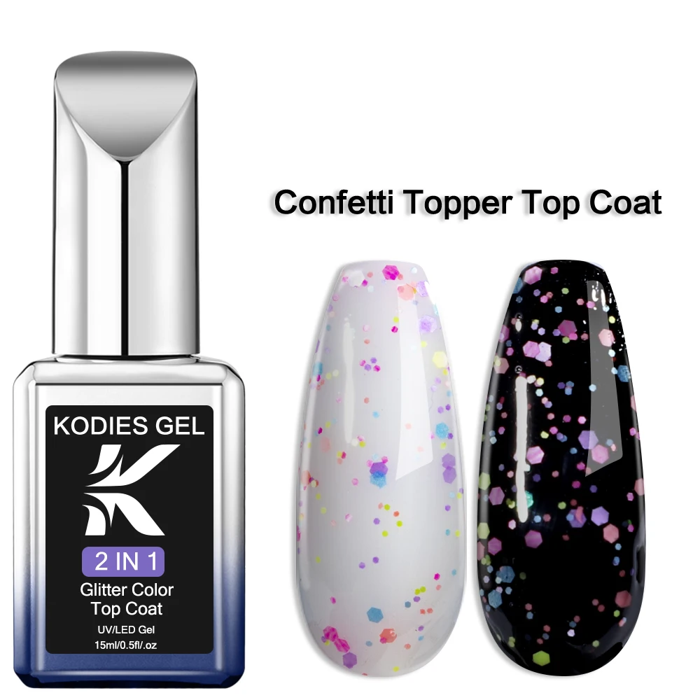 KODIES GEL New Glitter Top Coat Confetti Topper UV Gel Nail Polish Semi Permanent UV/LED Nail Gel Finish Mix Sequins Manicure 6