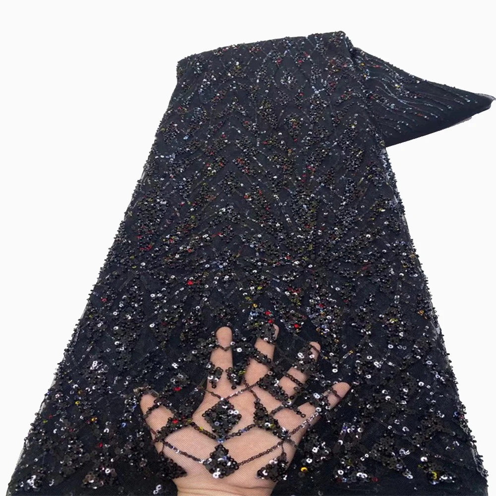 Lace 5 Yards French Lace Fabric Nigerian Fabrics African Sequins Beaded Fabric For Wedding Party sequins jacquard lace fabric cotton voile lace fabric lace trim fabric