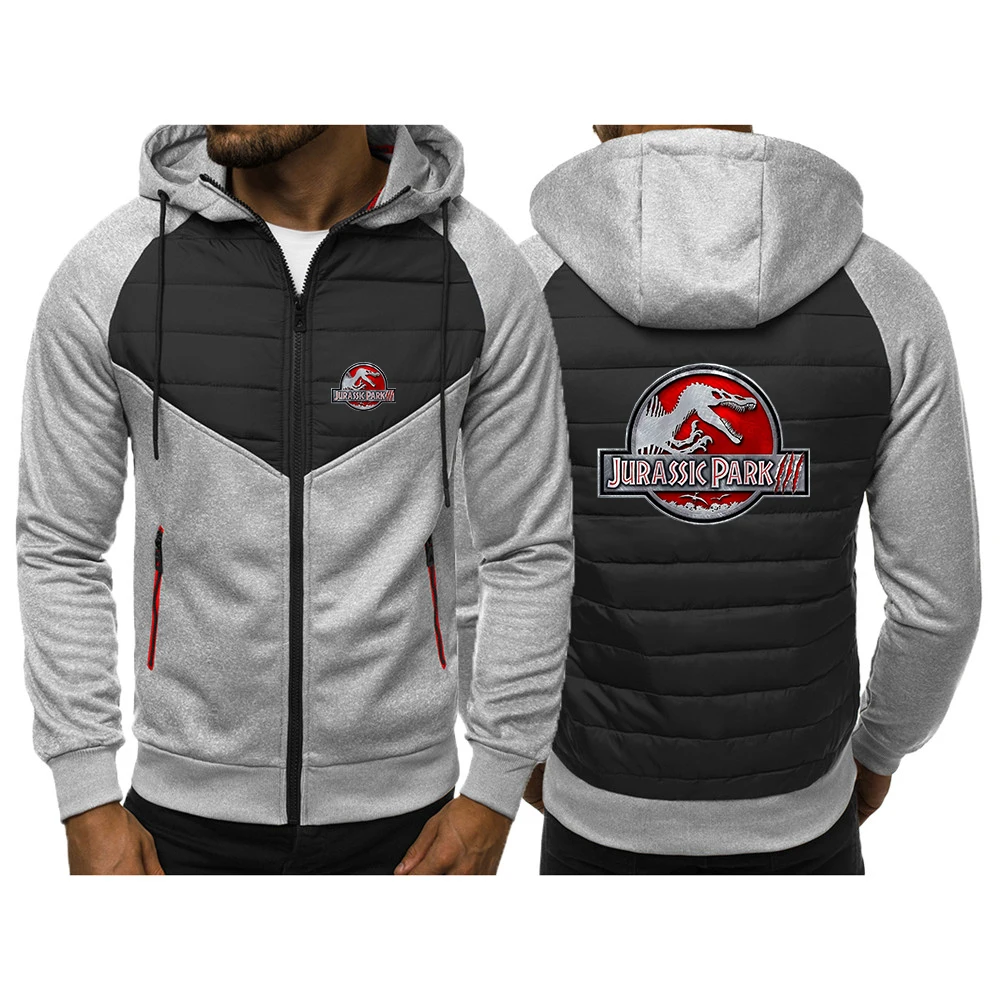2023 New Men Jurassic Park Tricolor Hooded Jacket Spring and Autumn Comfortable Casual Slim Patchwork Zipper Coat Long Sleeve