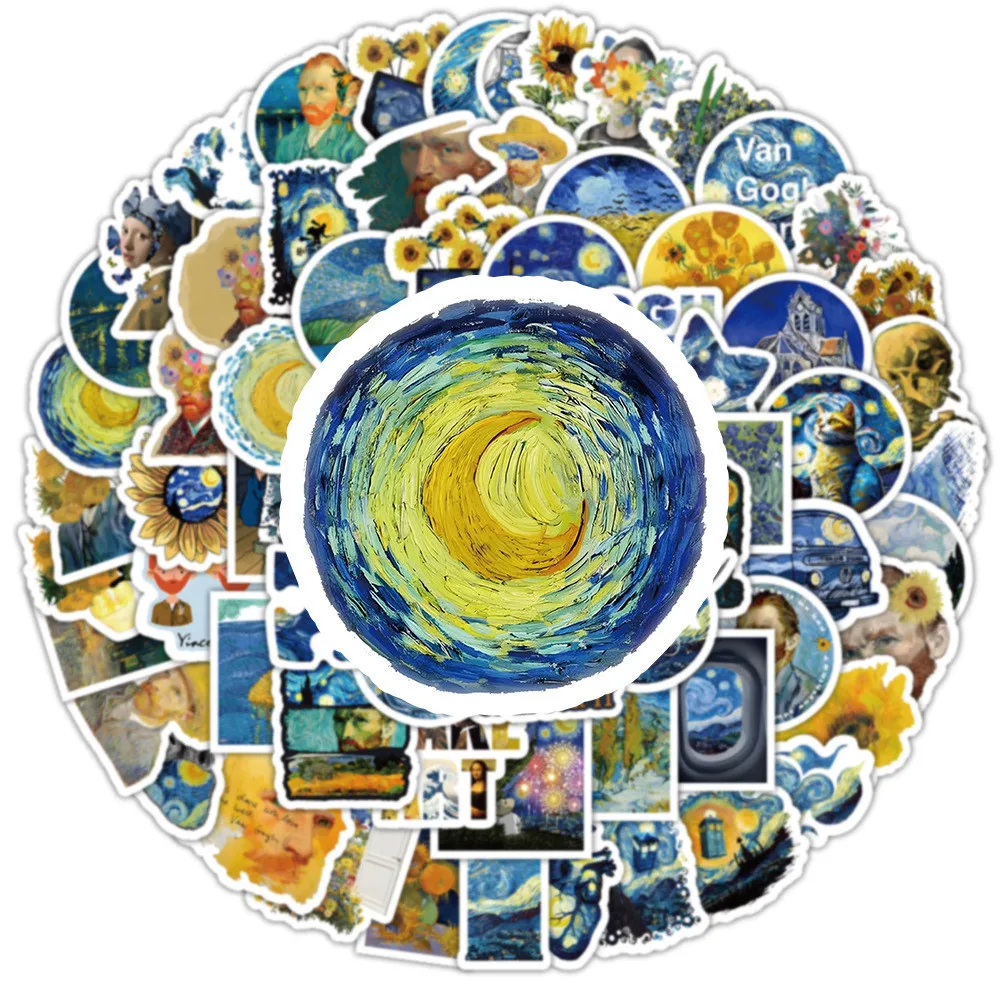 100개 반 고흐 해바라기 유화 방수 스티커, 핸드 어카운트 필통 데칼, 골든 메모리 스티커 스토어