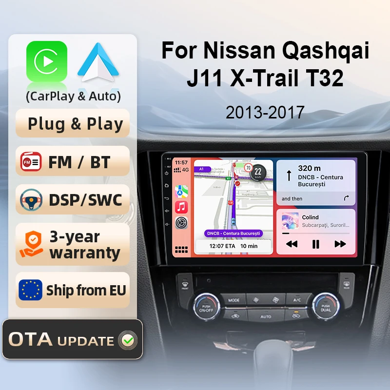 Autoradio für Qashqai J11 X-Trail 32 2013-2017, kabelloses CarPlay & Android Auto, Subwoofer-Verstärker, intelligente Systeme, IPS/QLED-Touchscreen, Kamera, DSP, GPS-Navigation, WiFi, DAB+, FM, DSP, BT, SWC, Plug & Play, 2DIN, WiFi, 4G, Multimedia-Player