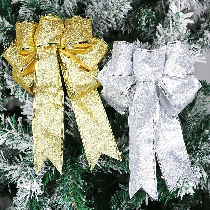 (2Pcs/bag)Size 17.6X25.2Cm Christmas Decoration Sparkling Powder Bow Christmas Tree Pendant Costume Matching