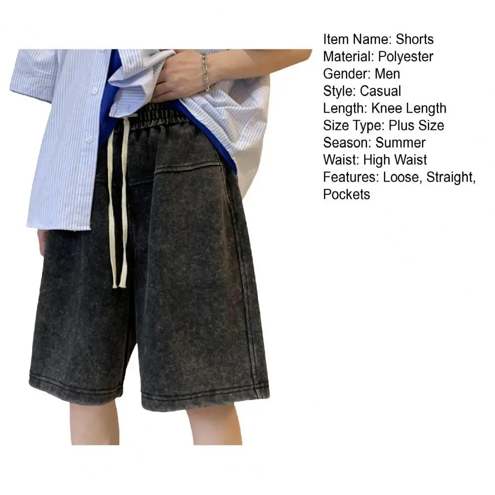Description Picture 3 of itemMen Summer Shorts Men's Knee-length Drawstring Shorts with Elastic Waist Crotch Solid Color Streetwear Sports Pants for Summer