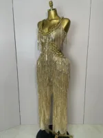 Shiny Gold Rhinestones Sequined Fringe Wide-leg jumpsuit 2025 Women Sexy Night Party Club Outfit Singer Stage Perform Costume - Image 3