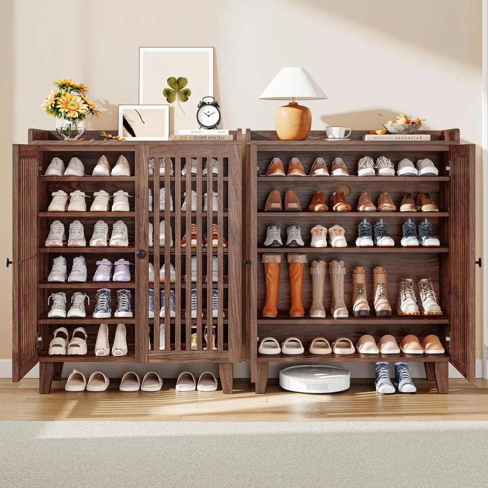 shoe cabinet with slatted doors, 6-tier shoe storage cabinet with adjustable shelves, wooden shoe rack organizer for entryway,