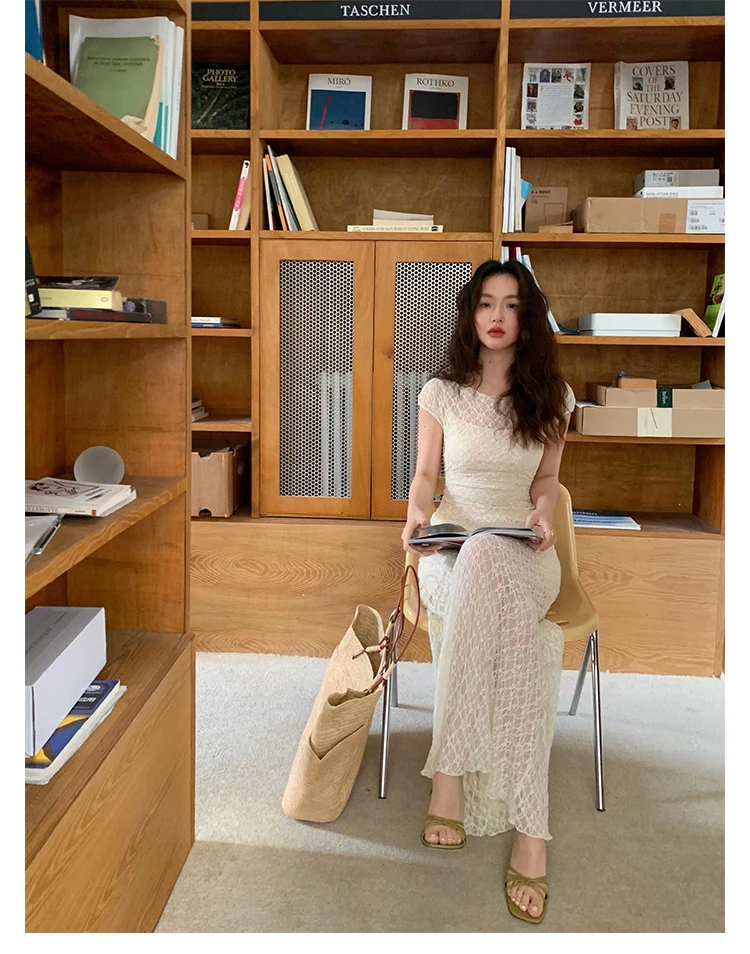 Elegant Mesh Two Piece Dress Set Slim Midi Dresses for Women Frence Retro Lace Y2K Bodycon Birthday Party Dress Prom Vestidos