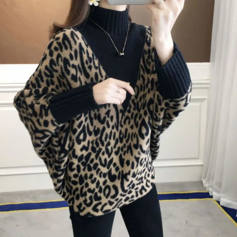 Women\'s Clothing Batwing Sleeve Leopard Sweaters Autumn Winter New Thick Half High Collar Spliced Loose Knitted Jumpers Female