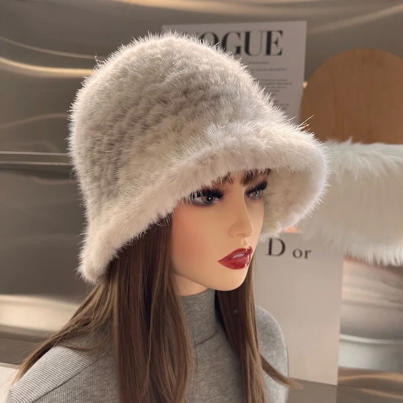 

Fashion Korean Women's Fisherman Hat Real Mink Hair Thickened Braided Hat Winter Large Stretch Casual Hat New 2023