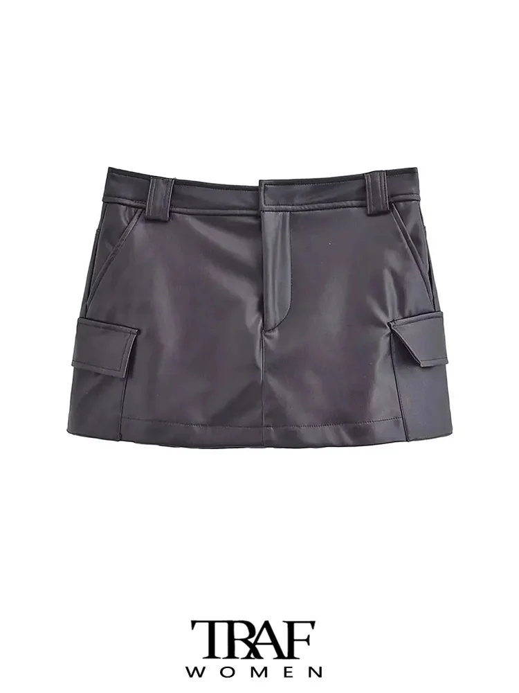 

TRAF-Women's With Pockets Faux Leather Shorts Skirts, Mid Waist Zipper Fly Female Skort, Fashion