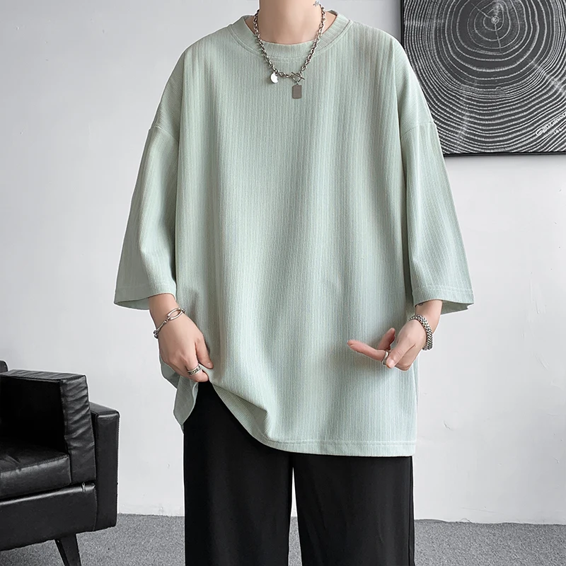 느슨한 Tshirt 남성 오버 사이즈 아이스 실크 T 셔츠 2024 여름 남성 하프 슬리브 패션 하라주쿠 티셔츠 남성 솔리드 심플 데일리 티셔츠