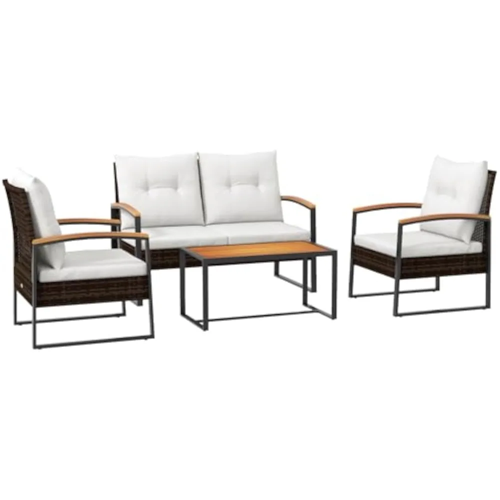

4 Piece Patio Furniture Set with 2 Chairs, Two-seater Sofa, Wooden Table, Tufted Cushions, Backyard Outdoor Set, White
