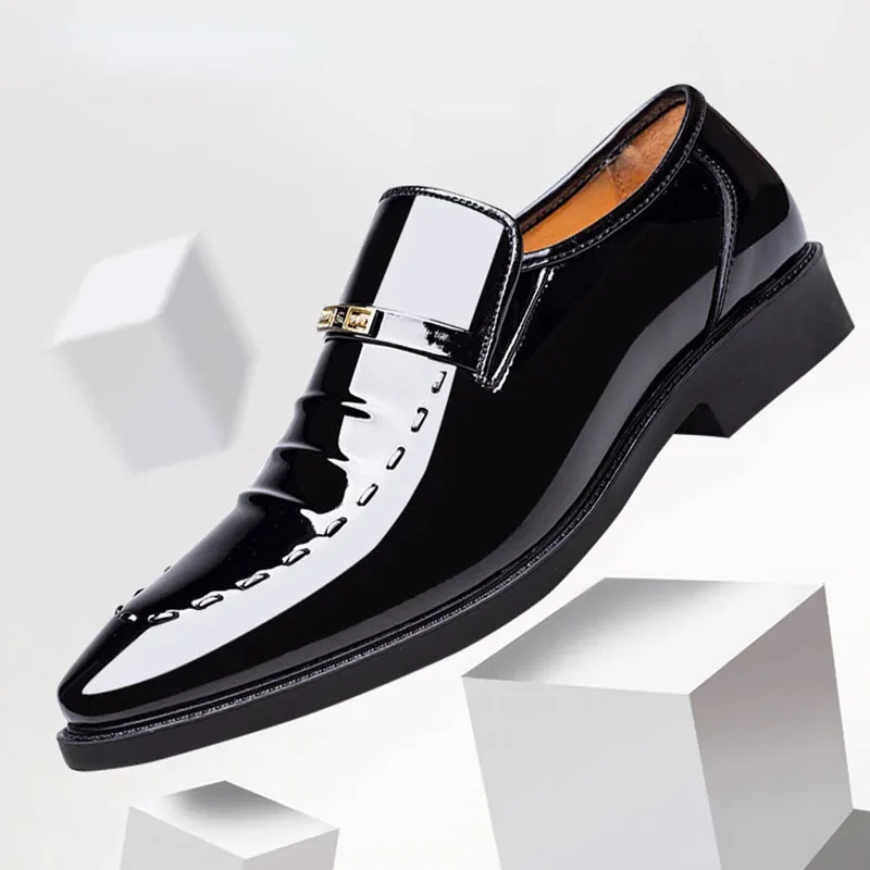 

Flat Mens Dress Shoes Luxury Genuine Leather Brand Patent Leather Quality Pointed Toe Slip On New Business Party Social Shoes