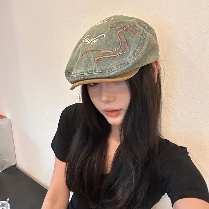 Ladies Casual Cotton Denim Outdoor Sunshade Letters Bow Embroidery Beret Bow Women Newsboy Hat