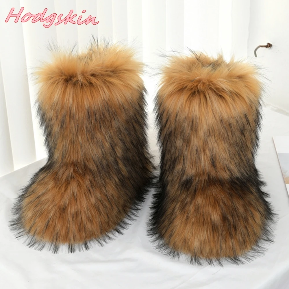 

2024 Winter Newest Fur Short Boots Round Toe Warm Thick Sole Flat with Mid Calf Boots Novelty Fashion Leisure Snow Boots