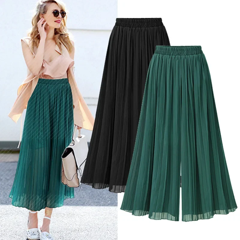 

Pleated Chiffon High Waist Wide Leg Pants Vintage Capris Long Pants Beach Vacation Work Summer Blue Jeans Capris Calf-Length