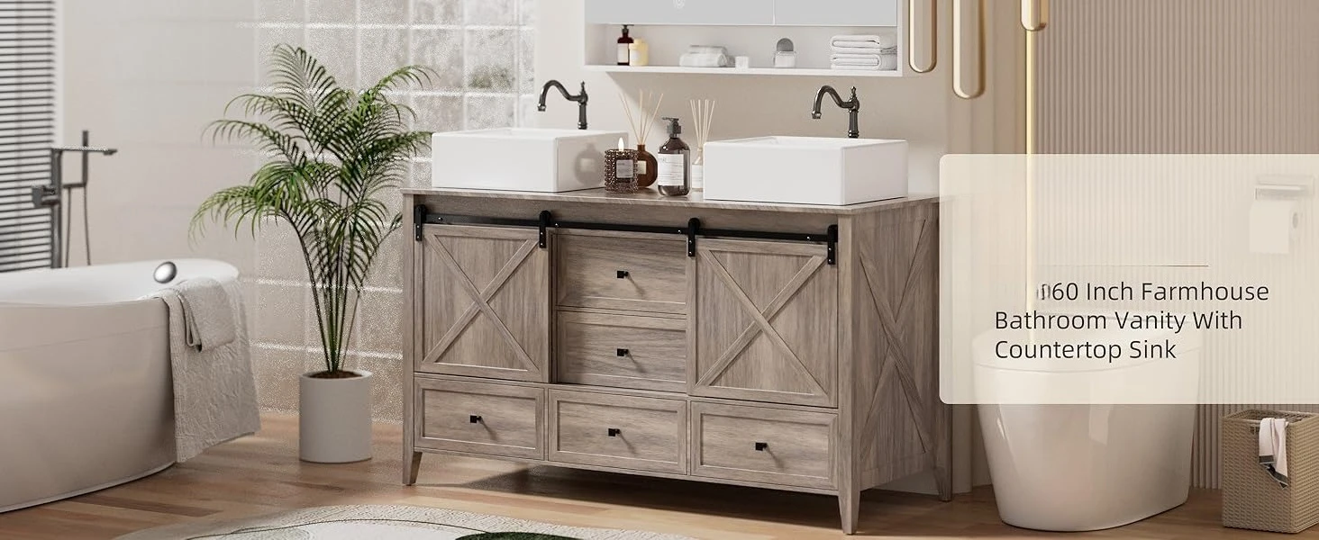 60 inch bathroom vanity double sink top farmhouse grey