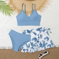 Big Girls Bathing Suits 3 Pcs Padded Bikini Swimsuit Swimming Outfit with Cover Up Skirt Beach Surfing Tankini Swimwear for Kids 2