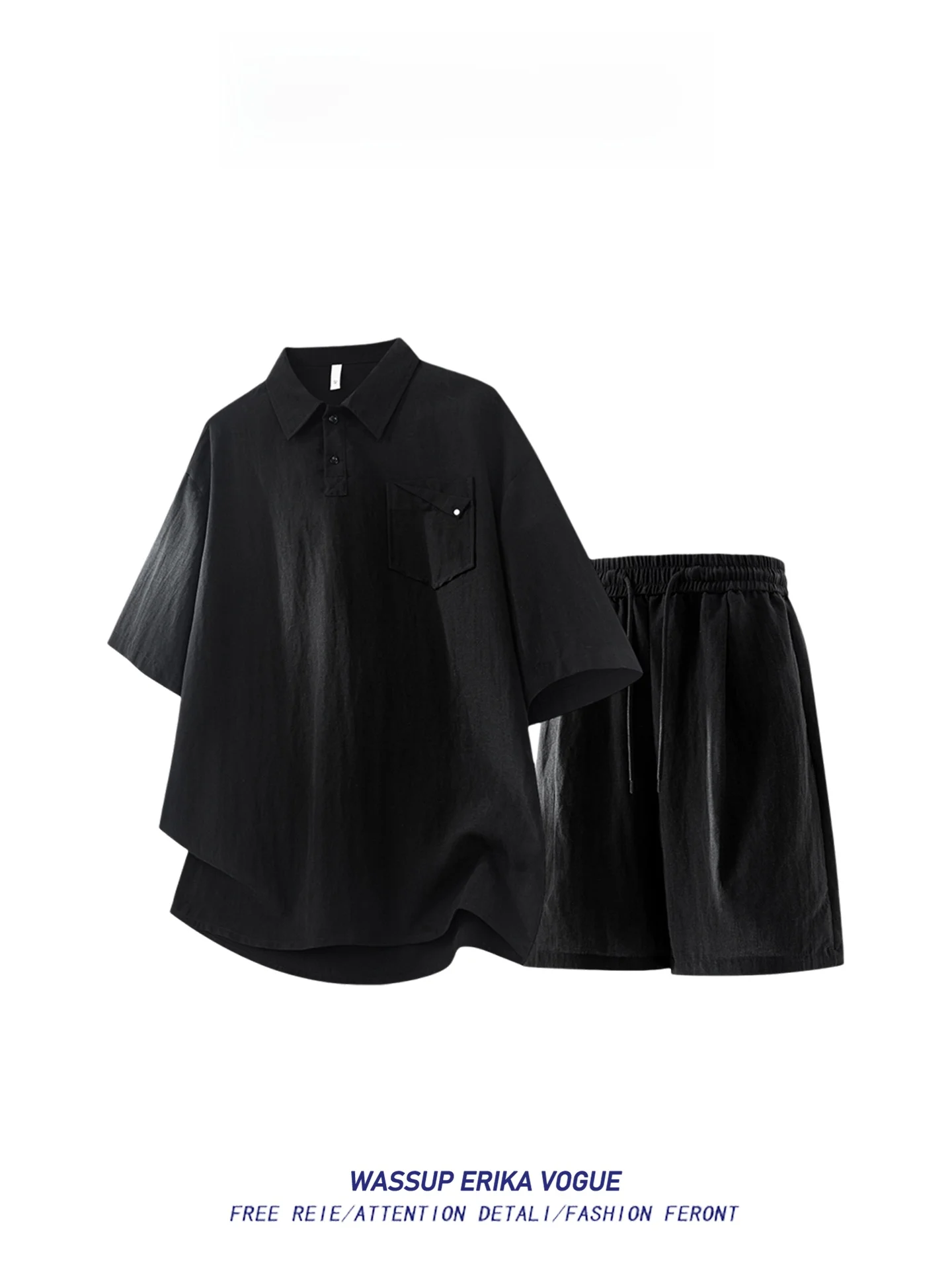 에리카 남성 캐주얼 아이스 실크 반팔 셔츠 반바지 여름 통기성 자외선 차단 투피스 세트 트렌디 청년복