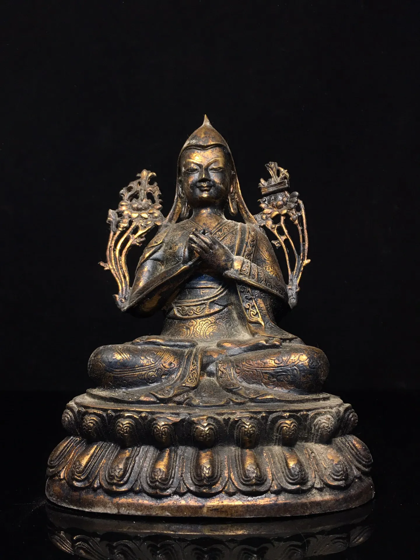 

11"Tibet Temple Collection Old Bronze Cinnabar Mud gold Tsongkhapa Tibetan Buddha Lotus Terrace Worship Hall Town house