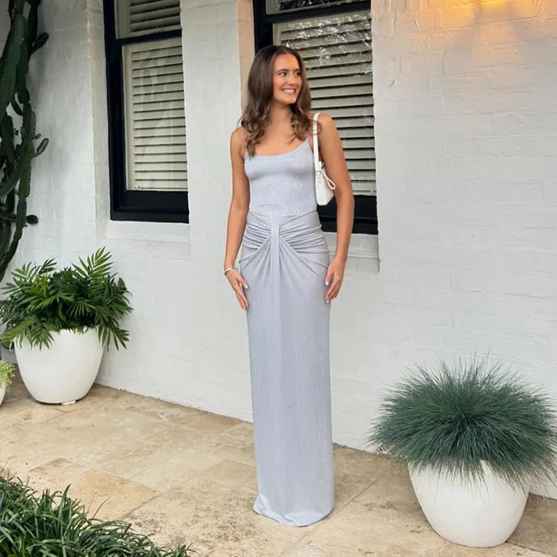 Spaghetti Strap Sexy Backless Maxi Dress Outfits Women Elegant Birthday Vestido 2025 New Club Party Ruched Dresses Female
