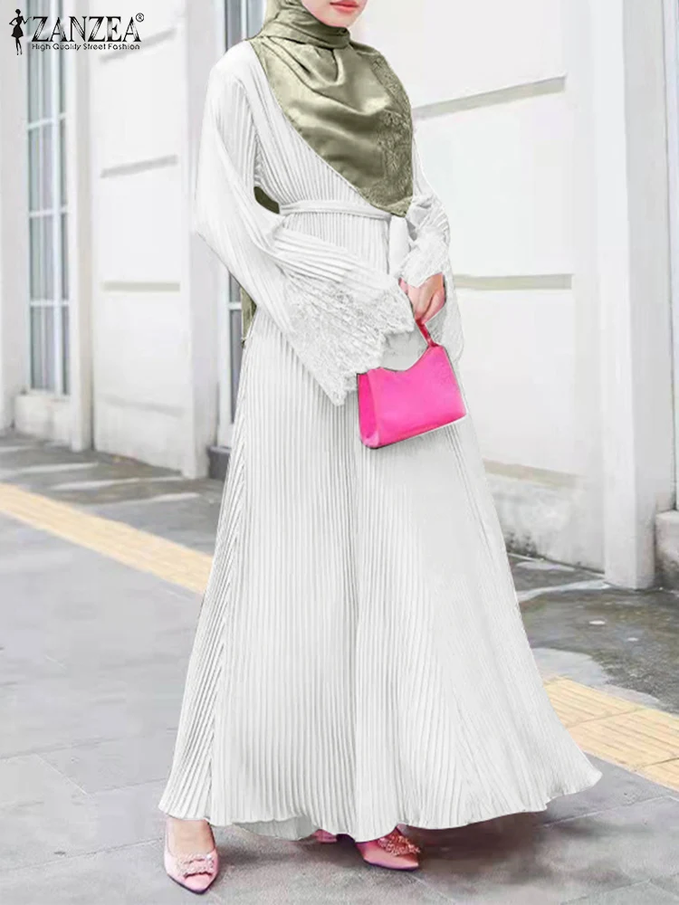 

Модный кружевной лоскутный сарафан белые элегантные мусульманские платья ZANZEA с длинным рукавом с поясом Vestidos Осень Турция Abayas для женщин