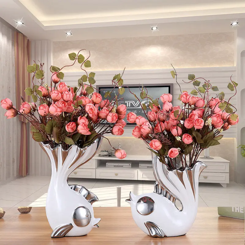 

Modern Kissing Fish Ceramic Vase Ornaments Home Livingroom Table Artificial Flower Figurines Crafts Office Desktop Decoration