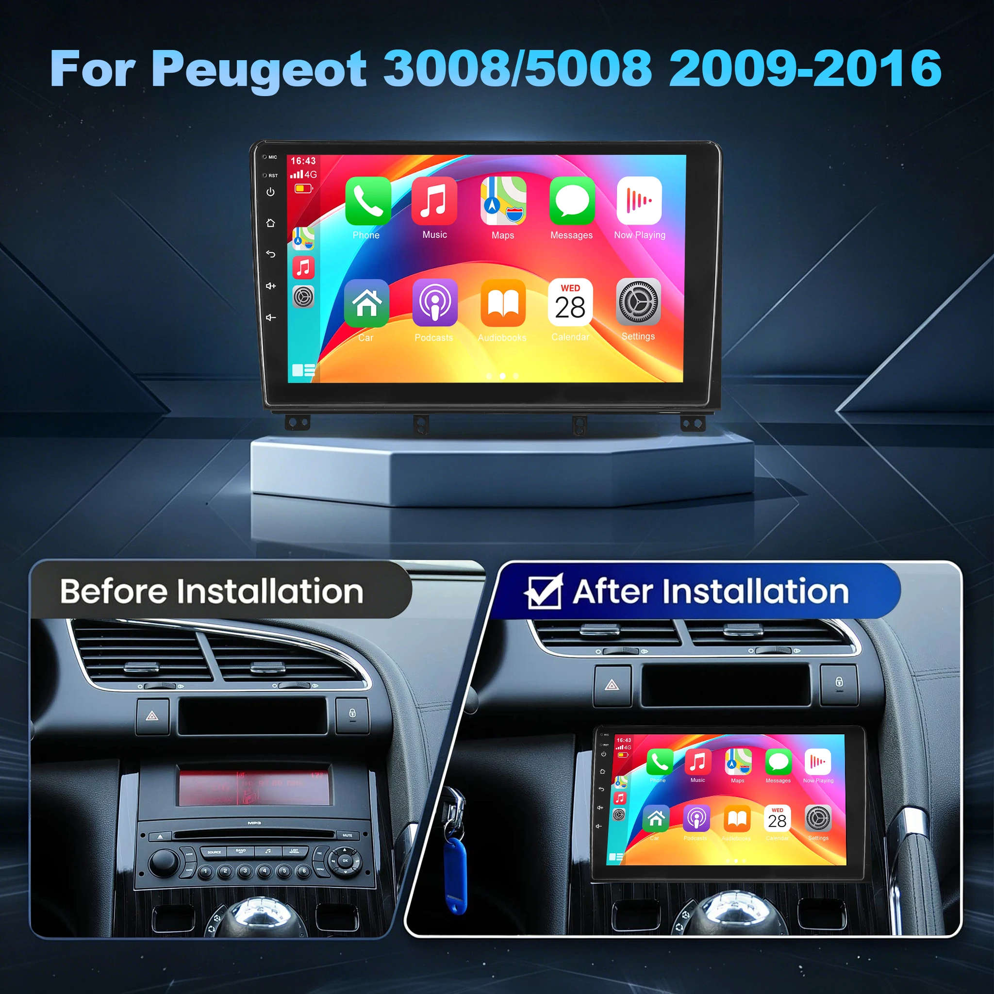 ESSGOO Radio estéreo para coche Android 15 de 9 pulgadas, 4+64G/4+128G, para Peugeot 3008 5008 2009-2016, navegación GPS, WIFI, ASP, CarPlay inalámbrico, Android Auto, Bluetooth, RDS, Mirror Link, FM, pantalla táctil IPS, reproductor multimedia de vídeo 3