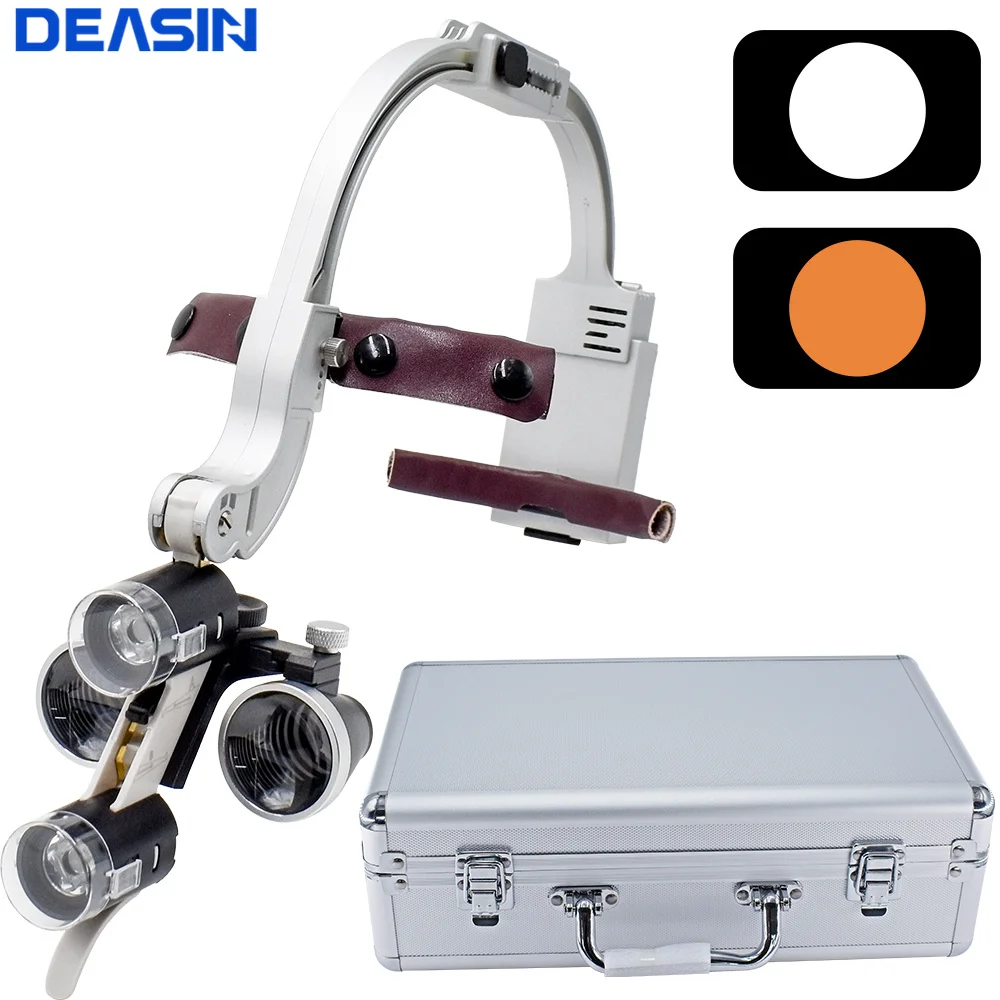 2,5X/3,5X Stirnband Einstellbar 5W Scheinwerfer Lupe Dental LED Scheinwerfer Fernglas Lupen Mit Gelb Filter Zahnmedizin Ausrüstung