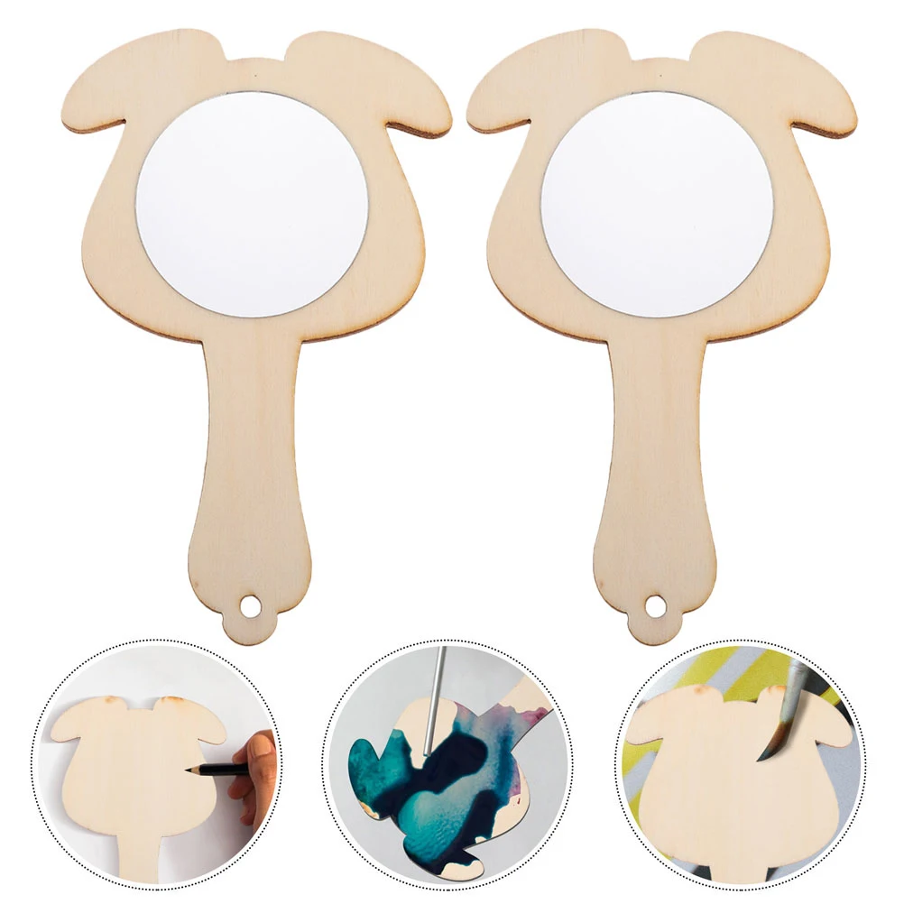 5pcs 도색되지 않은 휴대용 DIY 도색되지 않은 휴대용 공예 어린이 나무 거울 장난감 카키 마감 어린이 화장대 빈 거울