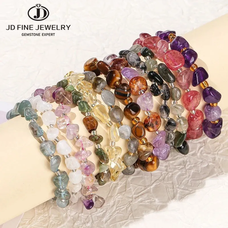 Jd Natural Stone Irregolare Gravel Quartz Amethyest Bead Bracciale Donna Reiki Healing Polished Handmade Stretch Bracciale Jewelry