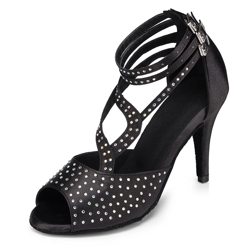 

New Black Crystal High Heel Women Salsa Dance Shoes Girl Latin Shoes Suede Outsole Soft Tango Shoes Practice Latin Dance Shoes
