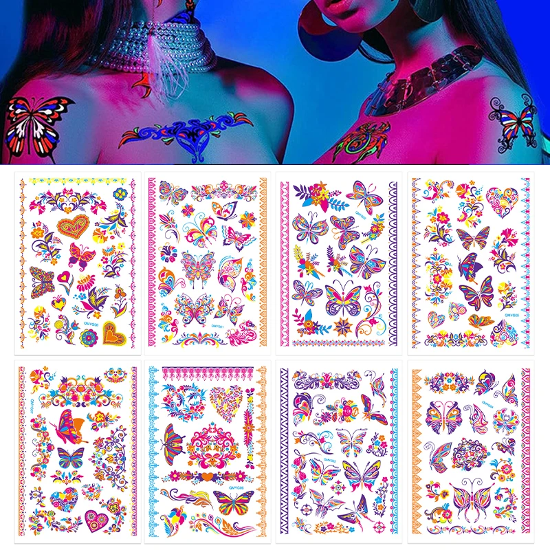 

Fluorescent Tattoos Waterproof Tattoos Skin Sticker for Arm Leg Face Party Music Temporary Body Art Decoration