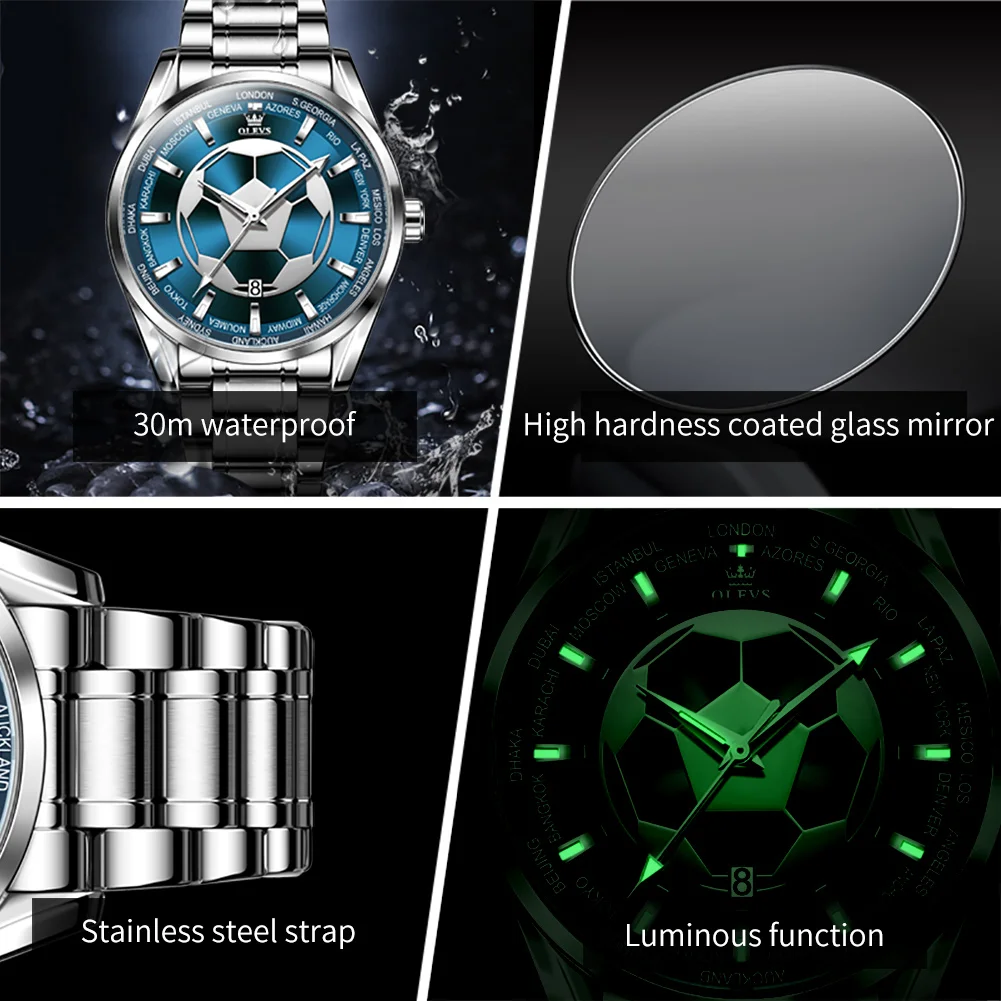 OLEVS Mens Watches Top Brand Luxury Stainless Steel Football Dial Quartz Watch for Men Sport Waterproof Luminous Relojes Hombre