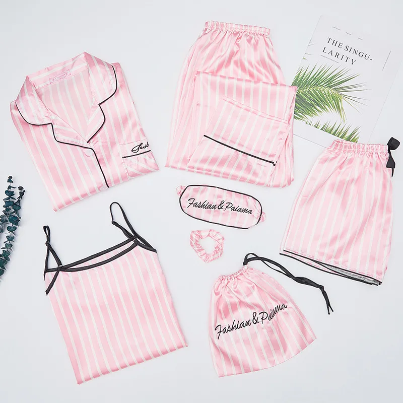 Silk Women Pajamas Print Shorts Long Sleeve Top Elastic Waist Pants Lounge Sleepwear 7 Pieces Set