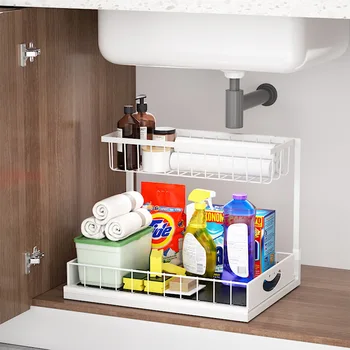 Under Sink 2 Tier Sliding Cabinet Basket Organizer Drawer Pull-Out Cabinet Organizer For Bathroom and Kitchen 1