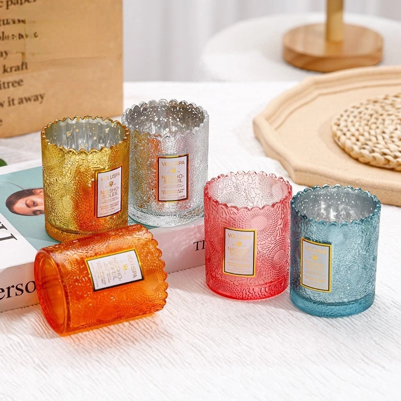 7pcs Candle Cups Embossed Glass Candle Containers Empty Round