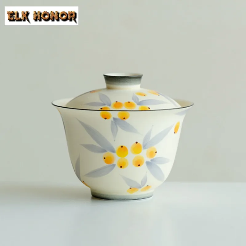125ml Hand-painted Loquat Cover Bowl Zen Ercai Tea Tureen Boutique Ceramic Gaiwan Vintage Tea Brewing Cafes Gift Teaware Crafts