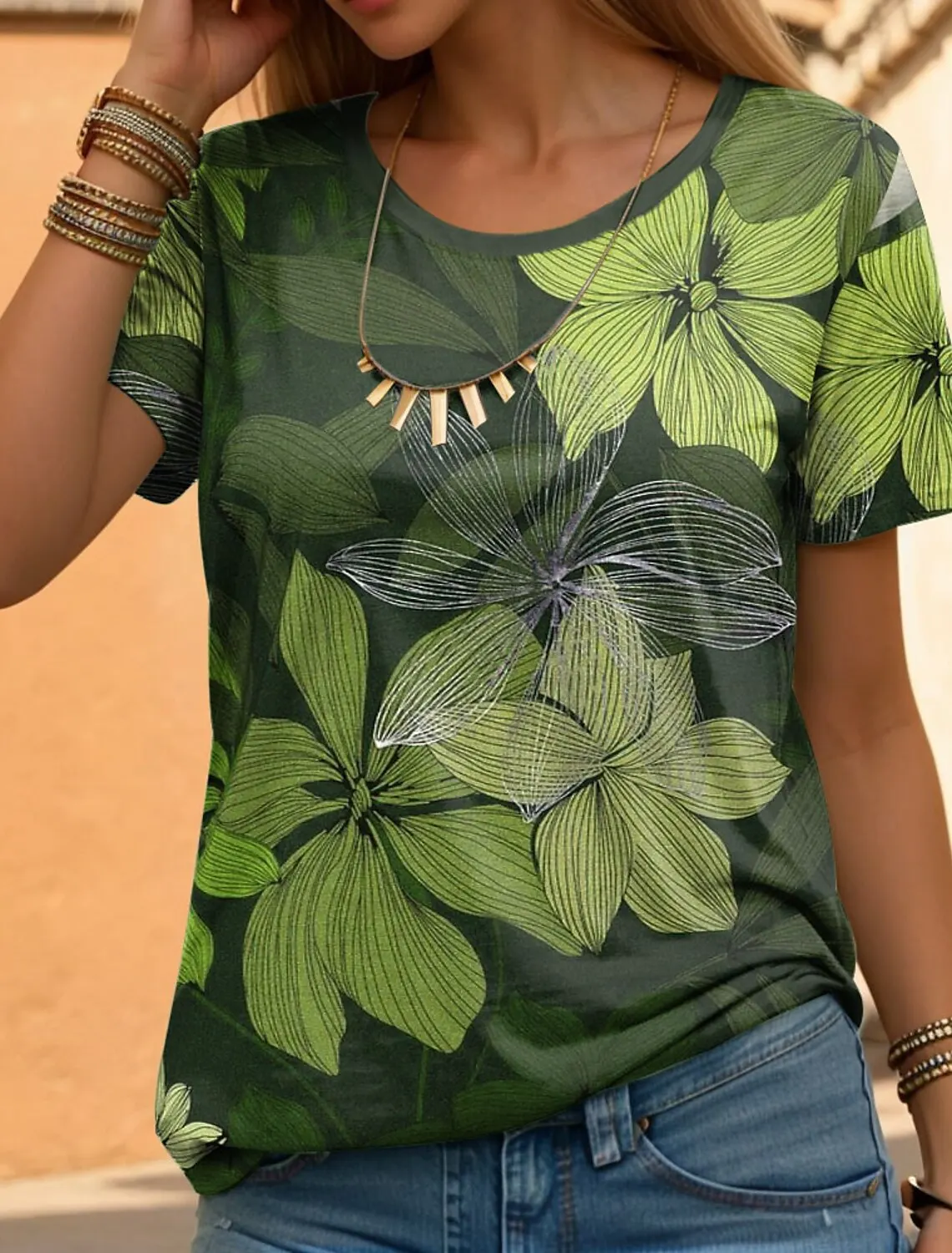 

Women's T shirt Tee Floral Casual Holiday Blue Purple Green Print Flower Short Sleeve Fashion Round Neck Regular Fit Summer