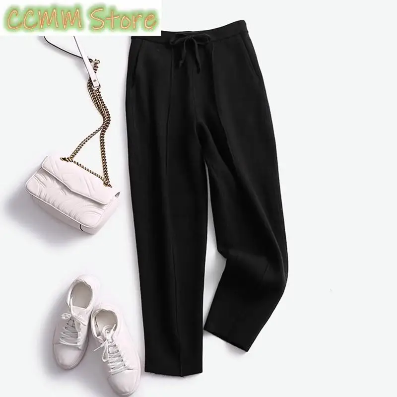 New High-quality Fashion High Waist Drawstring Knitted Pants Women Autumn Winter Warm Harem Nine-point Carrot Pants korean