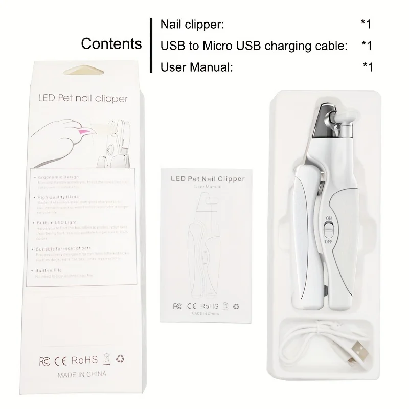 LED Pet Nail Clippers Cat and Dog Scissors with USB Charging with File Anti-Nail Splash