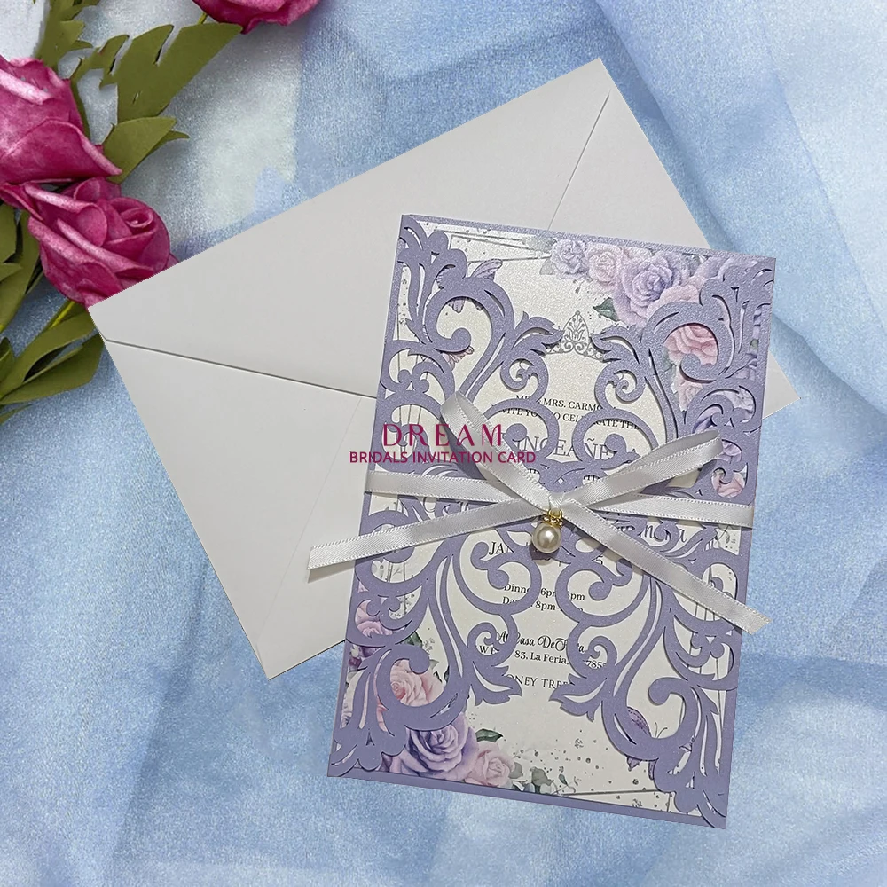 20Set Lavender Paper Wedding Invitation Card Blank Insert Envelope Ribbon Engagement Invites HJ188