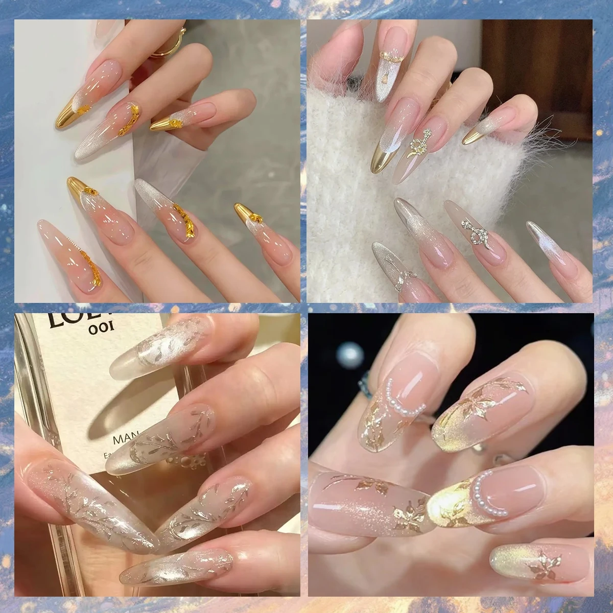 312장 3D 골드 실버 프렌치 팁 네일 스티커, DIY 매니큐어 디자인을 위한 메탈릭 곡선 라인 네일 아트 데칼