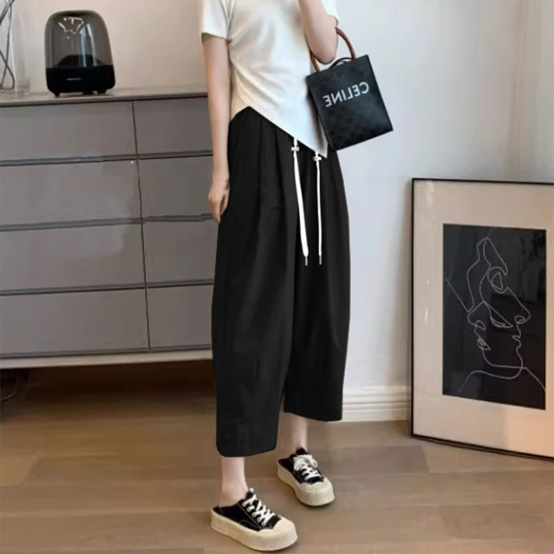 M-3XL Maternity Summer Trousers Solid Color Drawstring Waist Ankle-length Pants Loose Casual Pregnant Woman Capris with Pockets 5