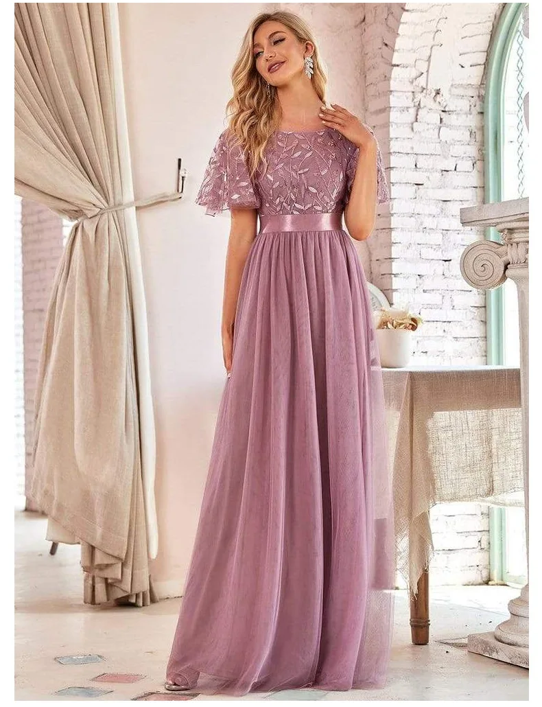 

2024 Quality Spring and Autumn Spring/Autumn Elastic Waist Panel Round Neck Party Large A-Line Mesh Evening Dress for Women