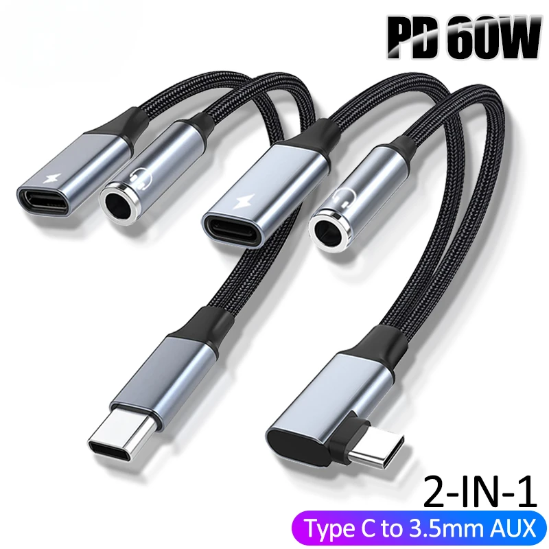Cabo Conversor USB-C para 3,5mm PD 60W com Adaptador de Jack para Fone de Ouvido 2 em 1 para Xiaomi Huawei
