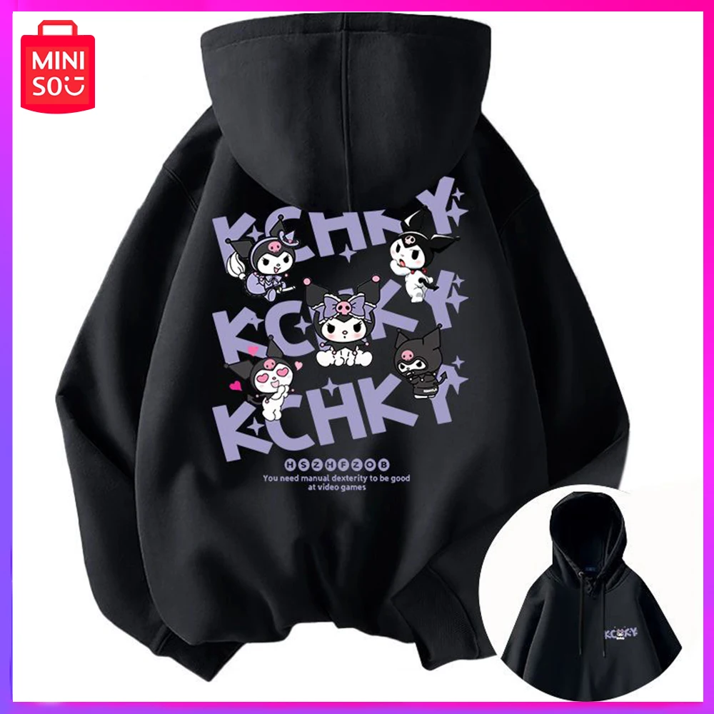 

Miniso Sanrio Kuromi New Winter Couple Casual Collegiate Style Hooded Thick Silver Fox Velvet Hoodie Black Christmas Girl Gift