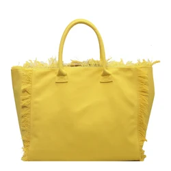 Chic Tassel Striped Canvas Beach Tote - Large Capacity Casual Shopping Bag (Yellow)
