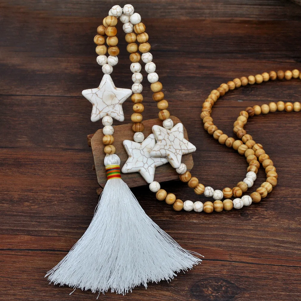 Autumn Winter Style White Tassel Wooden Bead Five-pointed Star Hanged Long Necklace Women's Handmade Beaded Sweater Chain